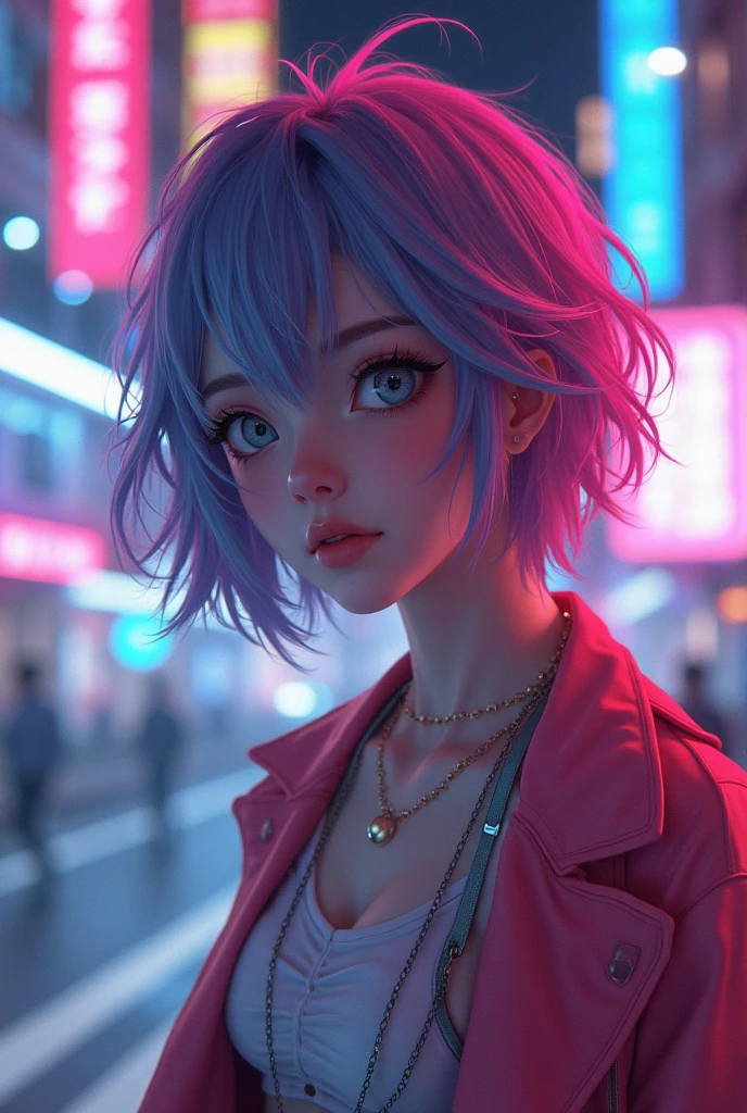 beatiful women, eyes blue, expressive eyes, looking at viewer, long sleeves, necklace, sexi smile, short pink hair, pretty face, latina facial features, medium breasts, digital illustration, comic style, cyberpunk