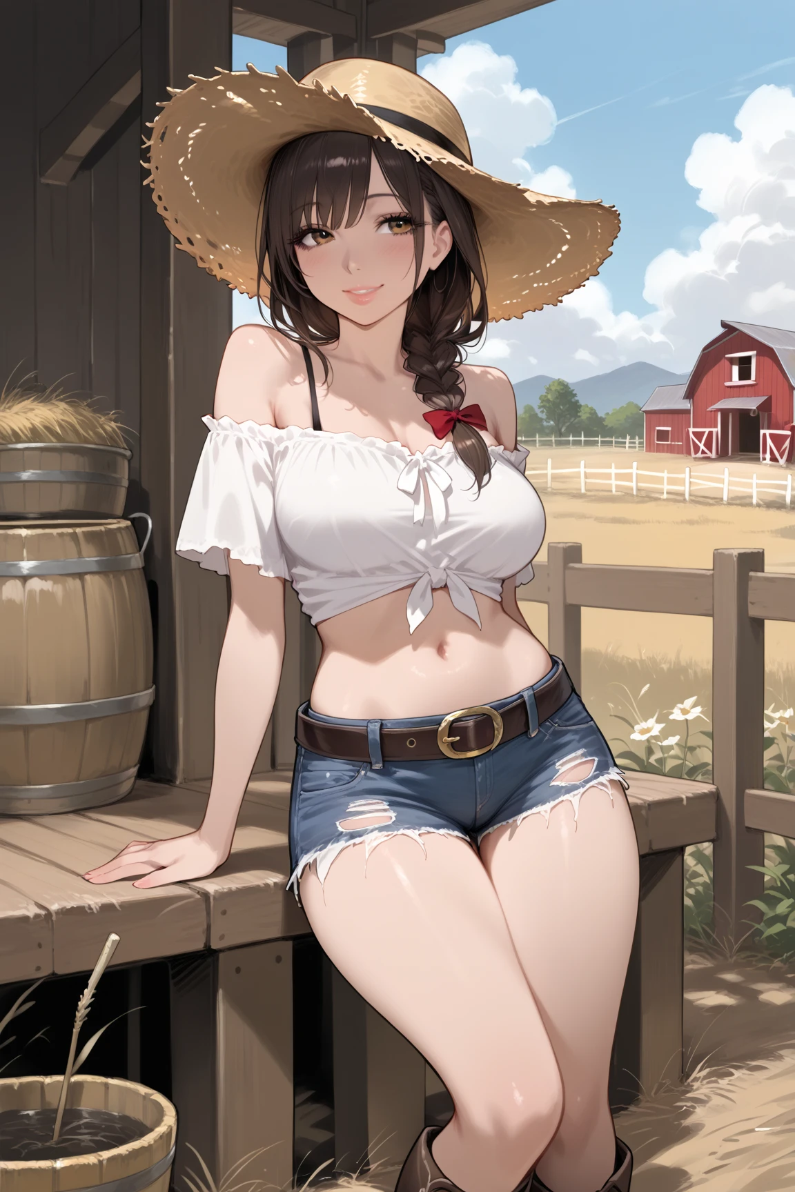 hitenkei style, claude monet style, oil painting, grain farm, iowa, tractor, ((topless)), nsfw, masterpiece, summer, 1 girl, erect nipples, intricately detailed, navel, bare shoulders, brown hair, necklace, cowboy hat, scenery, extremely detailed, bare breasts, puffy nipples, blue eyes, bare stomach, soaked, medium breasts, wrist watch, teen, soft eyes, smiling, armpit, sweaty, happy, half open eyes, lusty eyes, blushing, long hair, 1 ear visible, side bangs, sleepy eyes, large nipples, lifeless eyes, full body, denim shorts, hotpants, scenery, grain silo, huge nipples, long nipples, slim waist, saggy breasts, haystack, wearing glasses