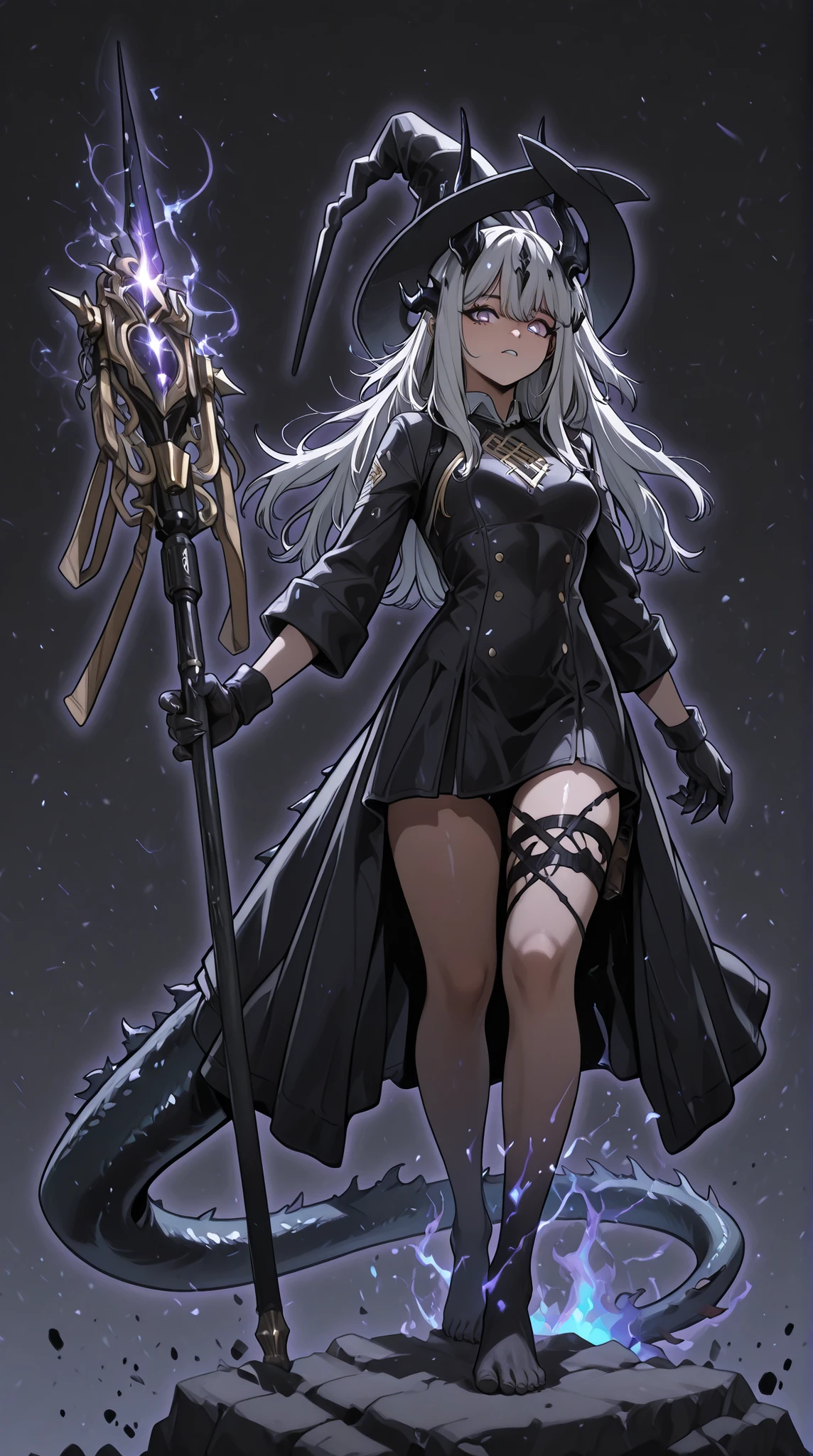alone, 1 girl, facing the viewer, white hair, hairstyle of Lucy Mayreel from "The Extra's Academy Survival Guide", body of Lucy Mayreel from "The Extra's Academy Survival Guide", purple eyes, long bangs, perfect anatomy, student, long black horns like Reed The Flame Shadow from "arknights", black dragon tail with purple flame at the tip of its tail, young, perfect body, young, sensual, perfect and beautiful face, short character, character is 1.50 meters tall;
a black coat like Dusk from "arknights", coat with gold details, sexy Chinese dress (The dress must be black), exposed arms, black arms with purple spots, hands with claws, black hands with purple spots, black tail with purple flame on the tip, wearing a large wizard hat/witch hat on her head with the horns going through the hat, like Reed The Flame Shadow from "Arknighst", purple runic markings on her shoulders and thighs, black dragon tail with purple flame on the tip, hands and arms like Nian's from "arknights", but in black with purple spots (the same goes for feet and legs), black dragon tail;
facing the viewer, face to face, black background, sexy pose, big ass, medium breasts;
holding a large black wooden magic staff with a huge purple stone on top;
Attack stance (holding a large black wooden magic staff with a huge purple stone on top), shoulders and head exposed, close to the face, looking at the viewer, face to face, confidence, cute expression;
Pay attention to the required colors, maximum resolution, black dragon tail with purple flame on the tip, showing the character standing, showing the whole body;
a +18 image, a sexy image, Lucy Mayreel's body from "The Extra's Academy Survival Guide", Lucy Mayreel's height from "The Extra's Academy Survival Guide", short character, character is 1.50 meters tall;