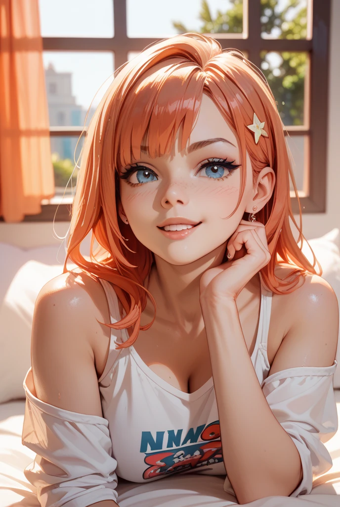 1 woman, (((((UHD))))), (((((masterpiece))))), ((((super detail)))), high details, ((((high quality)))), ((((best quality)))), (((highres))), ((((16k)))), ((Shadows)), ((bright red hair)), hair over shoulder, side swept bangs, (black crop top clothing), ((white platted mini skirt)), (colourful), heart-shaped pupils, one eye closed, sparkling eyes, ((big beautiful light blue eyes)), crystal earrings, grin, bright pupils, (evil smile), natural lips, light blush, cheek-to-cheek, sparkle, god rays, backlighting, reflection light, bloom, dutch angle, perspective, from above, from front, ((perfect breasts)), ((defined jawline)), (Royalty lighting), ((16:9 image), (portrait imagery), beautiful natural background