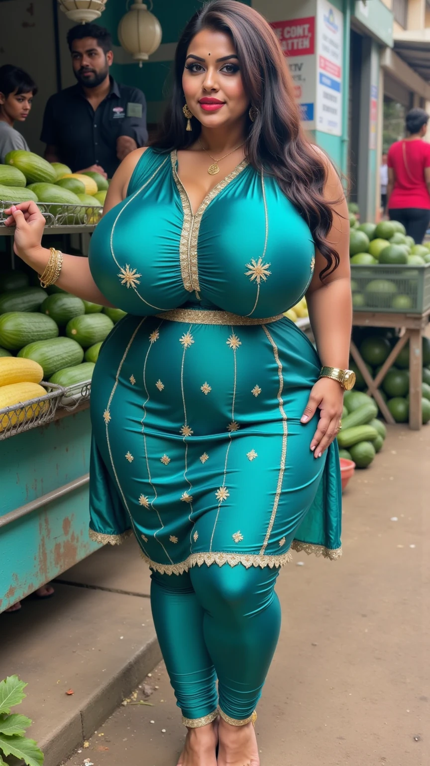 8k, highest quality, ultra details, Nigerian, young girl, insanely busty, curvaceous, voluptuous, big breasts, big hips, Nigerian look, Nigerian attire, head tie, beaded accessories, walking through a  market, covered body, bursting breasts, off shoulder nigerian outfit, carrying her bag of groceries 
