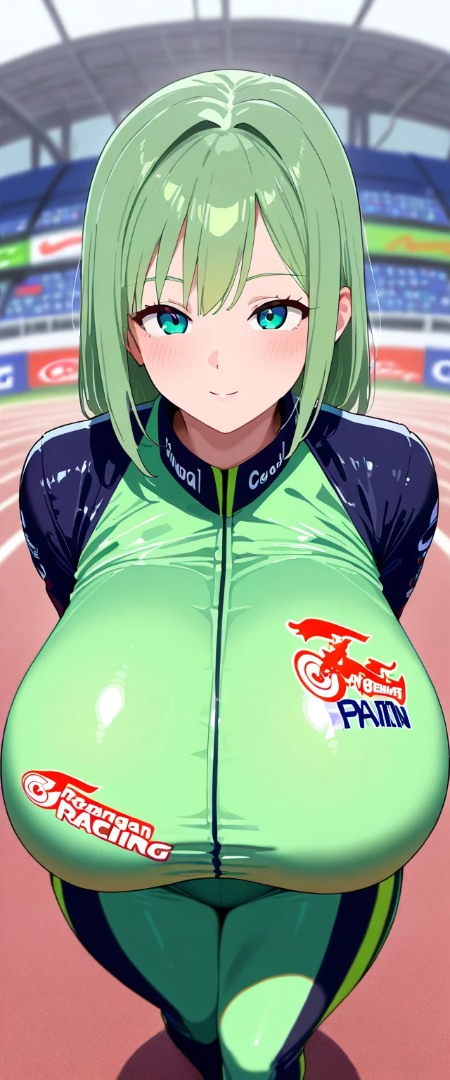 TOUYAMAMISUZU GREEN HAIR SHORT HAIR, GREEN EYES,, large breasts,  large breasts, solo, nipple, ride a bicycle, solo,