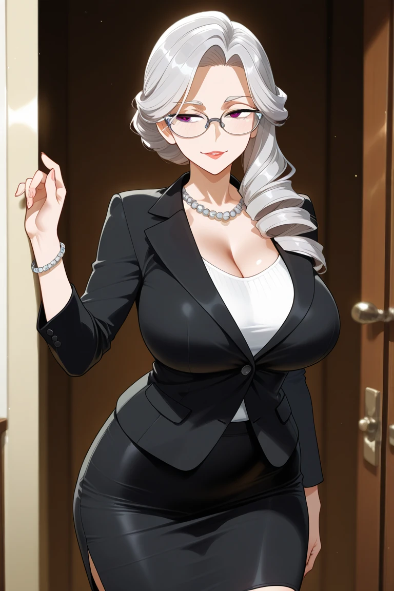 masterpiece, 1 girl, alone, Shortcuts, , Niijima Sae (Person 5)、Big Breasts, Mature Woman, Glare,Sharp Eyes, Silver Hair、Lilac eyes, Empty Eyes LoRA / Utsurome / Hypnotic Suggestion,Black office suit,Black tight skirt, Pose standing thigh sex,Thick thighs, Hypnosis Pendulum,Hypnotic state, Hypnosis Pendulum / Coin on String / Saimin,Drooling,Drooling from the mouth,Hypnotic stateの目,Cross-eyed,Sticking out tongue
