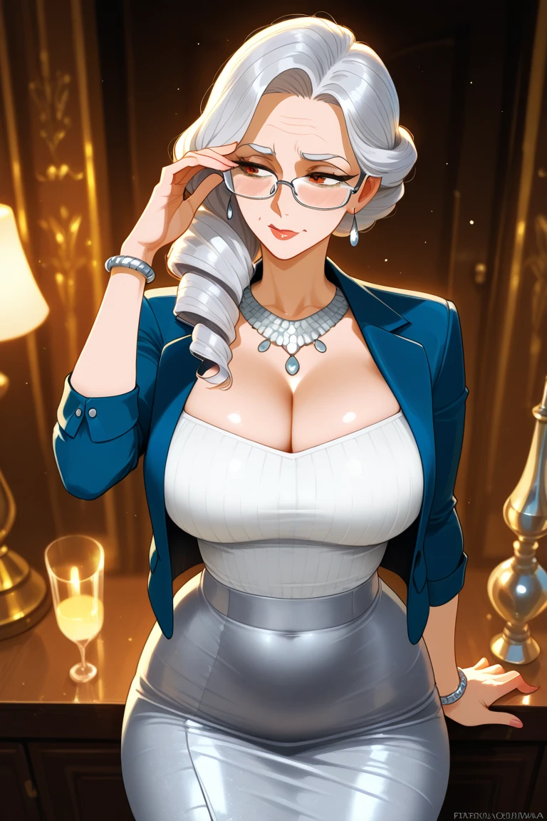Masterpiece, very detailed, ultra-detailed, one (1 woman), she is naked, with a towel around her neck, with a can of beer in her hand and in a relaxed position, super mature, tall, mom, mature mother, short hair (bob), straight hair, bright white hair, beautiful, charming, bright golden eyes and with a pirate bandage on one eye, elegant, big breasts (huge), cheerful smile, bold smile, charming, she stands against the background of a luxurious office, relaxed atmosphere.
