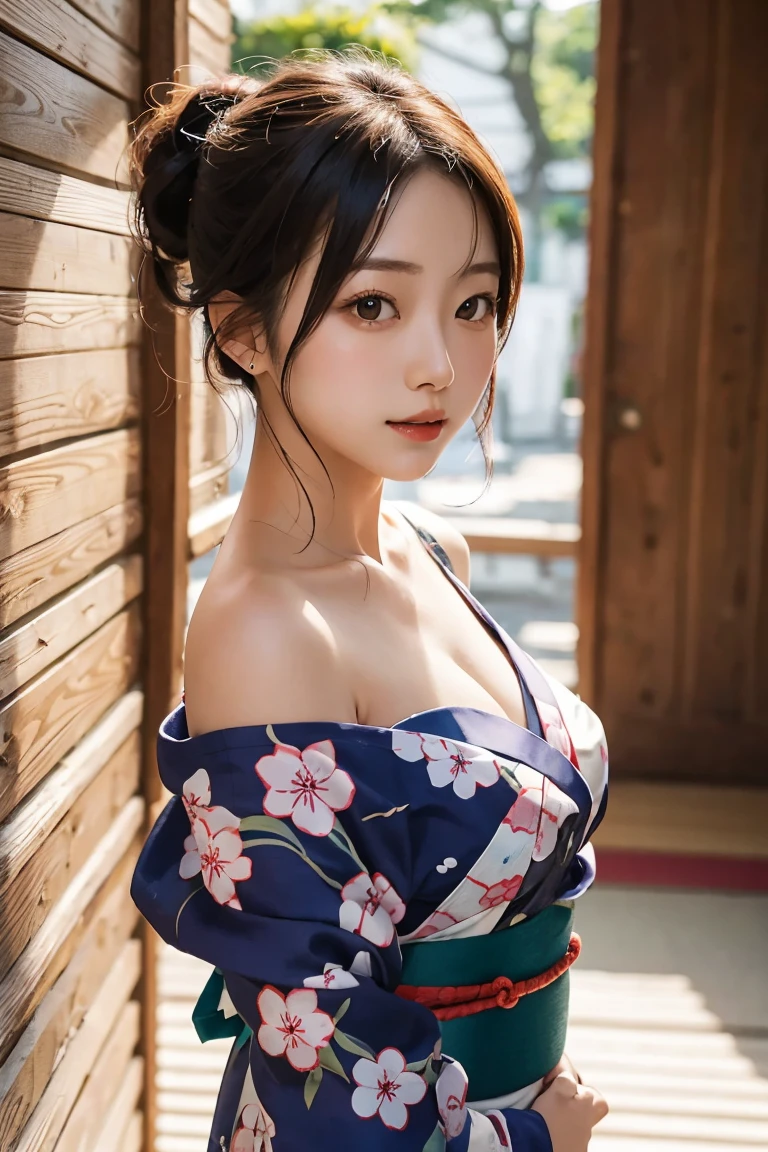 Mix 4, (8k, Live Shooting, Highest quality, masterpiece: 1.2), (Real, Photorealistic: 1.37), 一人のgirl, cute, night, rain, Wetty, Professional Lighting, Photon Mapping, Radio City, Physically Based Rendering, Gradient black hair, Gray Hair, Short Curly Hair, good looking, girl, Highest quality写真, High resolution, 1080P, (Clear Face), (Detailed face description), (Detailed hand description), (masterpiece), (Exquisite CG)、Extreme light and shadow、Disheveled Hair、Masterwork、Rich details、(Fine facial features)、(Highest qualityの写真)、(Masterpiece)、(Detailed eyes)、Look in front of you、Detailed clavicle、((Mid-breasted))、Nipple erection、Sexy、Lady、Clear、Smooth Hair、Clothes are not shiny、yukata、kimono、赤色の生地のkimono、花柄のkimono、Summer festival、stall、Begging expression、Looking up、Camera angle from above、The image angle depicts the woman from above.、Looking up、The gesture of looking at someone by turning only your eyes upwards、Face slightly downwards、Looking up only with eyes、The pupil is located at the top of the eye、
