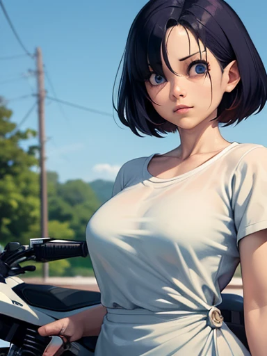 1 girl, single, alone, Beautiful woman、I could see the whole body, ((Brown eyes, Beautiful eyelashes, Realistic eyes)), ((Detailed face, blush:1.2)), ((Smooth texture:0.75, Realistic texture:0.65, Realistic:1.1, Anime CG Style)), cowboy shot, slim body, small breast, Leaning forward significantly、cycling wear、half cycling pants、smile、standing, mountain road, Cleavage,((Sweat all over the body、))