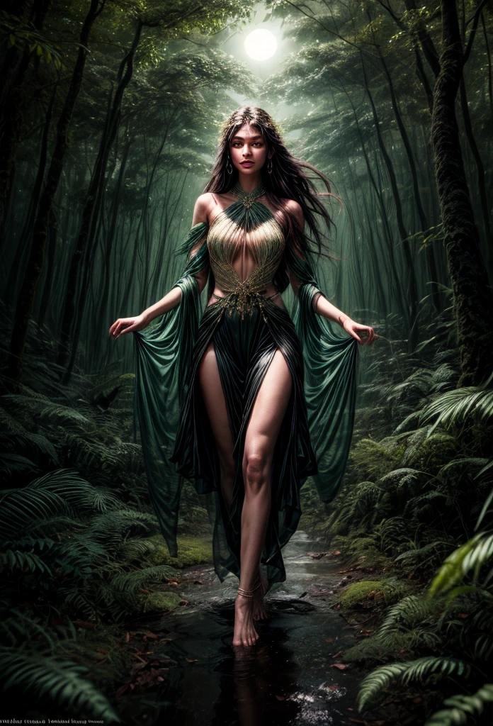 Beautiful woman's figure, dryad of the forest guardian of the trees, mysterious night, enchanting charming bioluminescent intricate details, glowing grove, lush glowing vegetation, full body portrait. trees emitting phosphorescence. luminous cool toned vibrant design, dreamy neon atmosphere, in the style of glowing luminescent summer magical forest. In the style of Erin Hanson, Georgia Theologou, wadim kashin