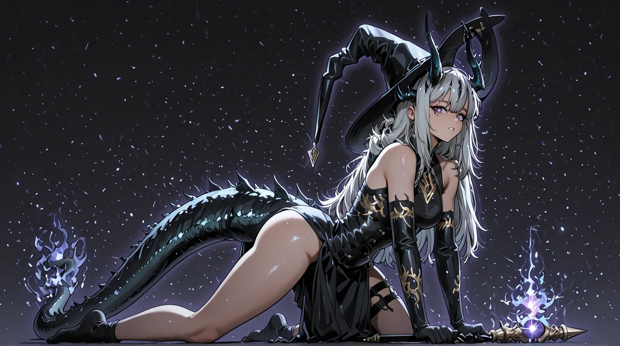 alone, 1 girl, facing the viewer, white hair, hairstyle of Lucy Mayreel from "The Extra's Academy Survival Guide", body of Lucy Mayreel from "The Extra's Academy Survival Guide", purple eyes, long bangs, perfect anatomy, student, long black horns like Reed The Flame Shadow from "arknights", black dragon tail with purple flame at the tip of its tail, young, perfect body, young, sensual, perfect and beautiful face, short character, character is 1.50 meters tall;
a black coat like Dusk from "arknights", coat with gold details, sexy Chinese dress (The dress must be black), exposed arms, black arms with purple spots, hands with claws, black hands with purple spots, black tail with purple flame on the tip, wearing a large wizard hat/witch hat on her head with the horns going through the hat, like Reed The Flame Shadow from "Arknighst", purple runic markings on her shoulders and thighs, black dragon tail with purple flame on the tip, hands and arms like Nian's from "arknights", but in black with purple spots (the same goes for feet and legs), black dragon tail;
facing the viewer, face to face, black background, sexy pose, big ass, medium breasts;
holding a large black wooden magic staff with a huge purple stone on top;
Attack stance (holding a large black wooden magic staff with a huge purple stone on top), shoulders and head exposed, close to the face, looking at the viewer, face to face, confidence, cute expression;
Pay attention to the required colors, maximum resolution, black dragon tail with purple flame on the tip, showing the character standing, showing the whole body;
a +18 image, a sexy image, Lucy Mayreel's body from "The Extra's Academy Survival Guide", Lucy Mayreel's height from "The Extra's Academy Survival Guide", short character, character is 1.50 meters tall;
