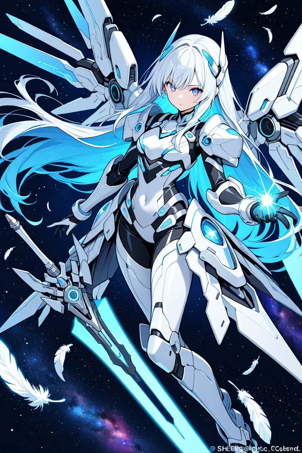 (sfw), intricate details, (bright neon colors), detailed background, night, 1girl, (lamia:1.4, monster girl, petite, (cute face, bright glowing yellow eyes), (human torso, petite perky breasts, robotic hands, robotic serpentine lower body, long coiled robotic tail), (white hair, absurdly long hair, hair blowing in the wind)), dynamic angle