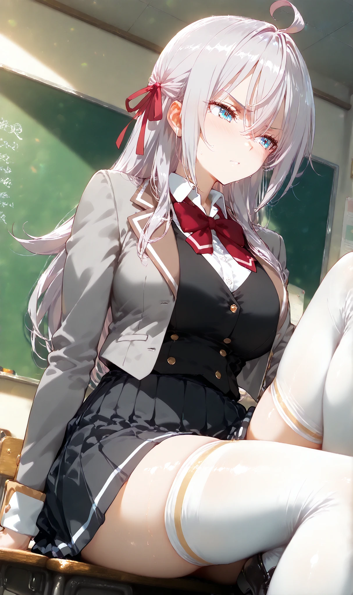 ((Browsing Caution)), ((masterpiece, highest quality, Super detailed, Very detailed)), (Very detailed CG unity 8k wallpaper), Ultra-realistic, Super detailed eyes and face, Dutch Angle, Upper Body, Browsing Caution, One girl, alone, an extremely cute and beautiful young girl, big breasts, (chignon hair) and (Blonde) and (Green Eyes), double eyelid eyes, From below, blush, (Tight Skirt:1.3), (One girl,Chair,Spread your legs,White panties, Showing panties, Camel Toe:1.3),classroom