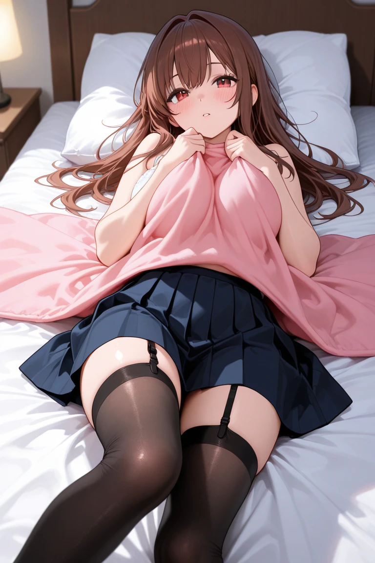 (masterpiece, best quality), 1 cute girl, gyaru, short sleeves, mini skirt, (showing off panties, lift the skirt by self:1.3), shy look, look of contempt, bright lighting, showing off crotch, ideal ratio body proportions, lying on the bed, open legs, showing off crotch, from below,