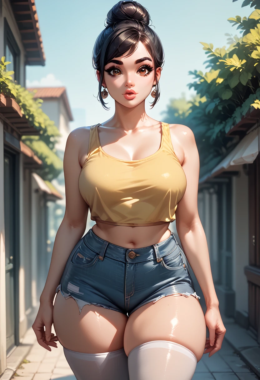 short black hair, tall, shiny skin, glossy skin, huge breasts, fit, dark skin, very dark skin, very long legs , cameltoe, angry smile, short shorts, t-shirt, cleavage, midriff