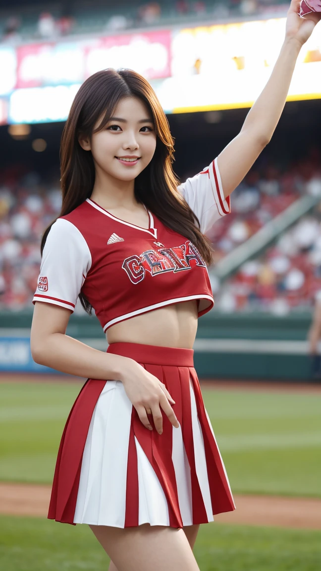 Beautiful girl, Korean makeup, Red lips, medium body, medium chest, femoral, baseball cheerleader outfit, jumping position, stadium landscape