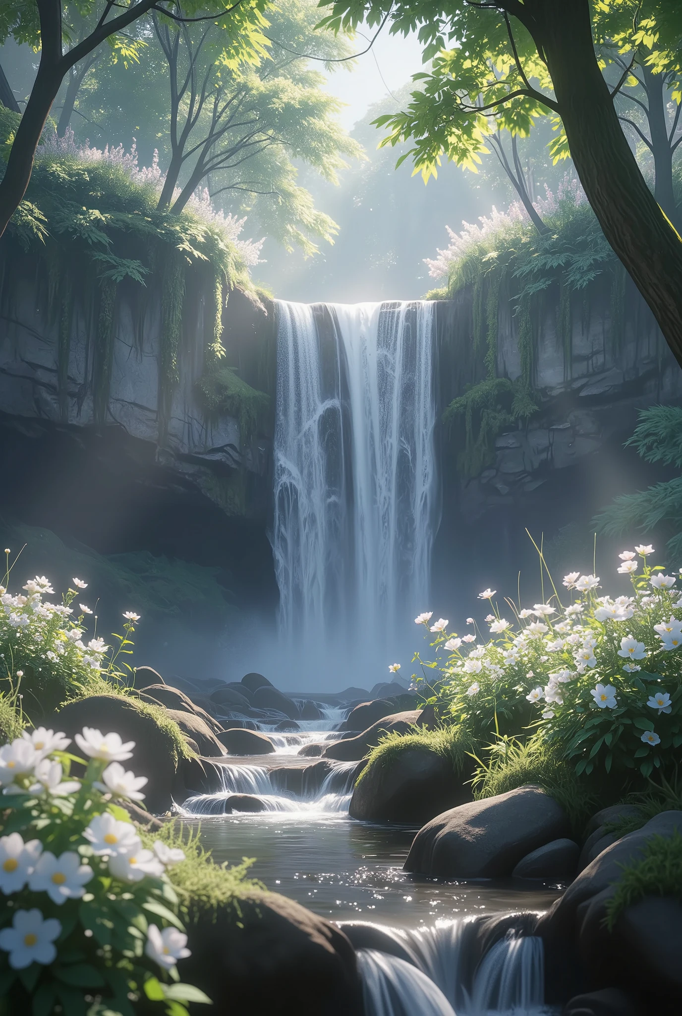 there is a waterfall in the middle of a forest with flowers, rendered in unreal engine 5, cinematic unreal engine 5, unreal engine 5 render dramatic, unreal engine 5 quality render, rendered unreal engine 5, made in unreal engine 5, cinematic render unreal engine, unreal engine 5 highly rendered, akihiko yoshida. unreal engine, created in unreal engine 5