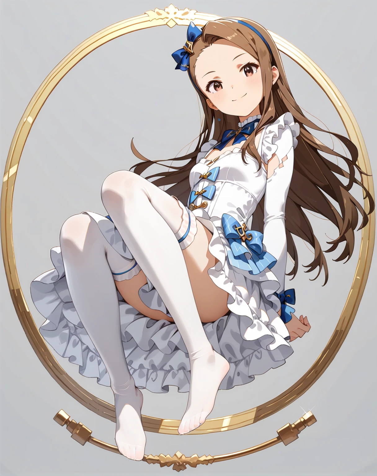 best quality,masterpiece, high res,original, beautiful detailed eyes,ultra-detailed, grass wonder \(umamusume\), 1girl, solo, horse girl, horse ears, brown hair, blue eyes, long hair, smile, looking at viewer, (road of radiance), white gloves, white dress, yellow dress, layered dress, high collar, epaulettes, aiguillette, frills, belt, white thighhighs, gold trim, skirt, frilled sleeves, short sleeves, white footwear, idol clothes, white jacket, high heels,boots, high heel boots, bow, waist bow
<lora:Road of Radiance:1:MIDD> <lora:grass_wonder_lora:0.75>