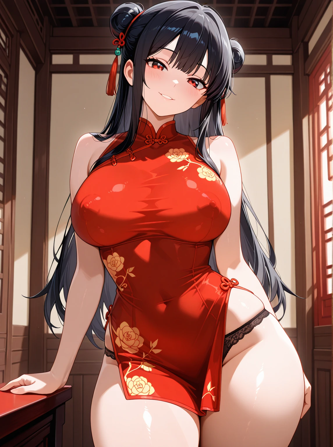 (highest quality:1.4)、High resolution、Detailed Background、(Beautiful face in every detail:1.4)、Anatomically correct、(Draw the usual number of fingers:1.2)、(Detailed facial expressions)、Realistic、beautiful, Smooth skin、Teenage Beauty、(Huge breasts:1.3)、Perfect body line、attractive thick thighs、Black Hair、Show off your attractive underarms、Accentuate your breasts、Accentuate your cleavage、Elegant atmosphere、Well-groomed eyebrows、Well-groomed eyebrows balance the entire face、Excited、(Underboob:1.3)、Lace panties、No bra、Smiling、Blushing、sexual expression、cute、indoor、Cowboy Shot、

(Two beautiful girls showed me their panties:1.5)、
A shiny Chinese dress that fits the body line、Design with slits and revealing chest、
Dark colors such as red and black、It would be best to wear high heels、Strap and ribbon design、Pearl and metal accessories、
An updo is recommended to accentuate the design of the Chinese dress.、
Add some simple hair pins or accessories to make it even more gorgeous.、
If you have long hair, a sexy wavy hairstyle is also a good choice.、
To enhance the sexiness of a Chinese dress, it is a good idea to wear red lipstick.、
A darker red colour will give you a more sexy look.、cute