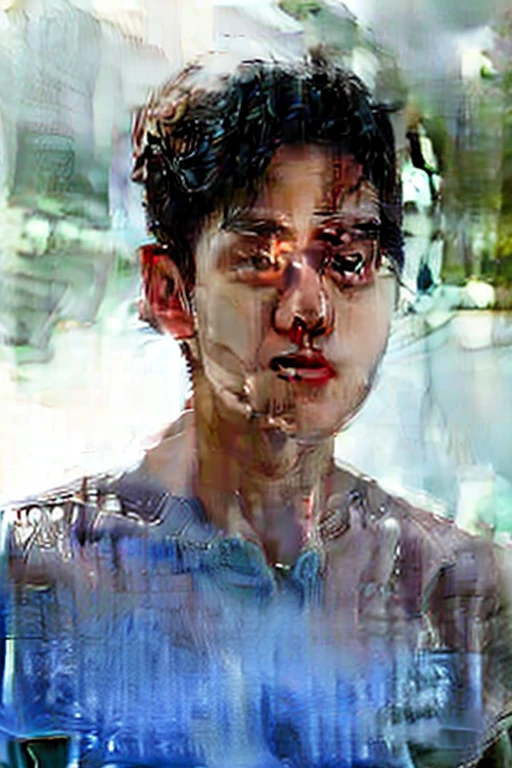 masterpiece, best quality:1.2,high detail,1 male,handsome, small square Glasses, bare upper body, short black hair, muscular male, detailed face, black eyes, looking at viewer, manly,
