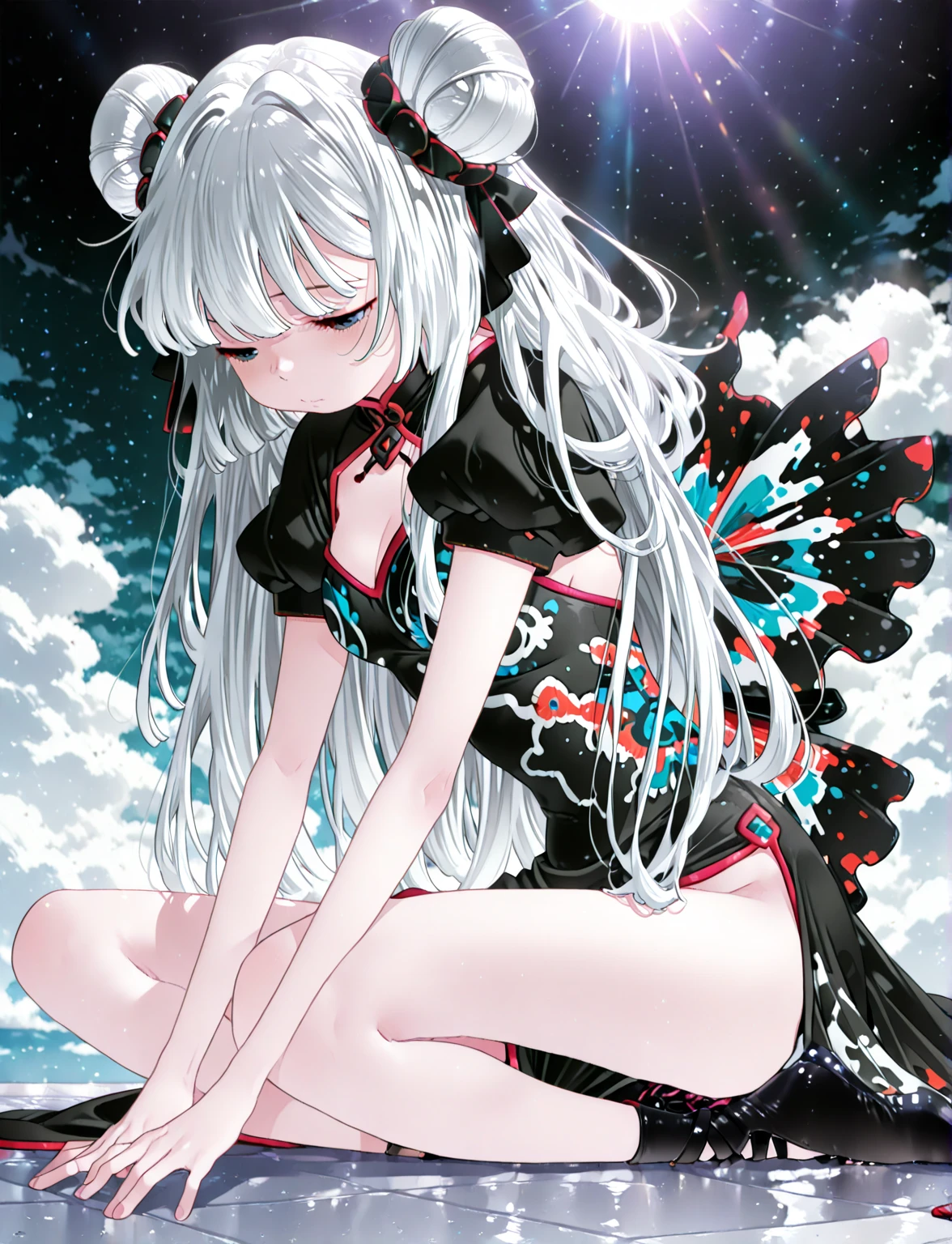 Star Fairy、（Masterpiece、Highest quality、Official Art、Super detailed）、Dynamic composition、Perfect ???????、One person sitting on the crescent moon、「Beautifully printed galaxy patterned kimono and gothic costume、Space patterned frill box pleat mini skirt、Frontal portrait、Knee-high boots、Captivating eyes、Perfect and amazing face、Exquisite details、Clear images、Highest quality。」Milky white and light blue gradient long straight hair、