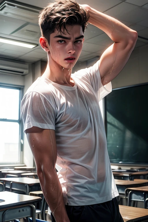 Hairy stomatch, very hairy abs, Anime, Very bushy hairy armpits, hairy pubic, hairy crotch, See through white shirt, Super Realistic photography, PROUDLY SHOWING OFF HIS BODY, white uniform shirt, UNIFORM, Cute teen student Wearing uniform shirt, NO PANTS, DETAILED, sexy student, wearing soaked unbutton white shirt, ABS EXPOSED, Very wet body, very wet, crowded classroom, wearing socks, pantless just wearing soaked white thong, Showing off his very hairy armpits, Slim fit body, teenager, very cute boy face, 17 years old boy, Very young teenager boy, Amazing classroom scenery, in the middle of Crowded classroom, dickprint, Sweat dripping all over the body, Proudly showing off his sweaty very hairy armpits to student in the classroom, The colors are bright and vibrant, enhancing the overall aesthetic. The lighting is soft and natural, casting a soft glow on the boy, don't merge body's, detailed eyes and lips, sixpack and fit body. Image quality is of the highest standard, with ultra-detailed features and a realistic appearance.