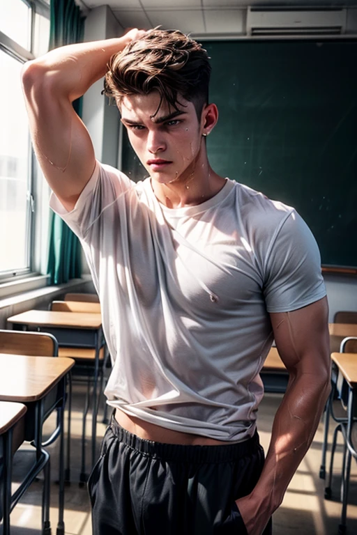 Generates an unreal level muscled teenager shirtless in underwear in the middle of a class sitting