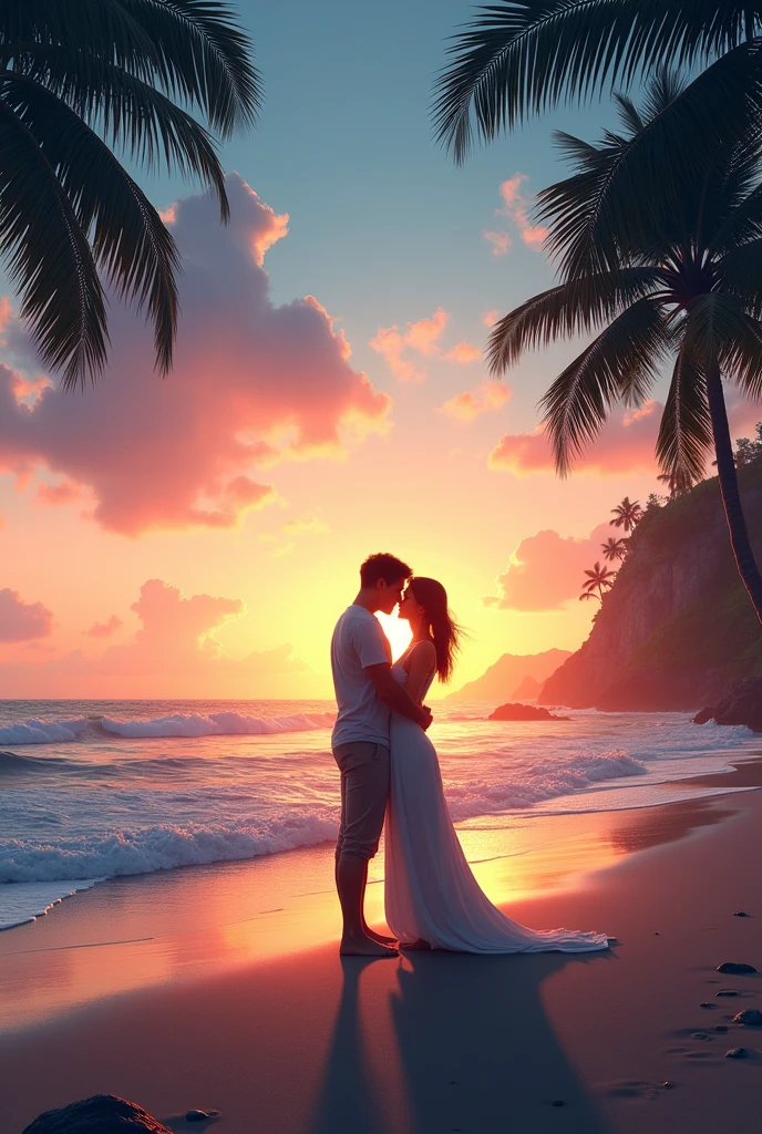artwork a happy couple of newlyweds stands embracing on the shore of the indian ocean at sunset,the mountains,(long veilm:1.3), beautiful kiss,(sun rays:1.3),big sailboat, big moon, golden light, (small clear silhouettes:1.4),hazy lighting,depth of field, haze on the horizon, blue Lagoon,(Cumulus clouds:1.2), (oil paint:1.2), artstation,soft focus, vignette, 35mm , by greg rutkowski
