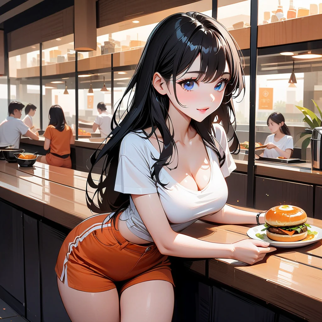 A topless dark-haired woman in full-zip shorts eats a tlayuda at a taco stand Jeans have a belt With side slits Big Ass Spread your legs