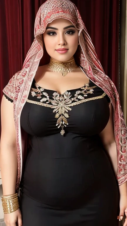 Elegant BBW woman, 8K, professional quality with a tall, curvy figure and deep cleavage chest. Full-length shot in a detailed saree, glowing chest, long curly hair, and intricate facial features. Standing pose, looking at the camera.