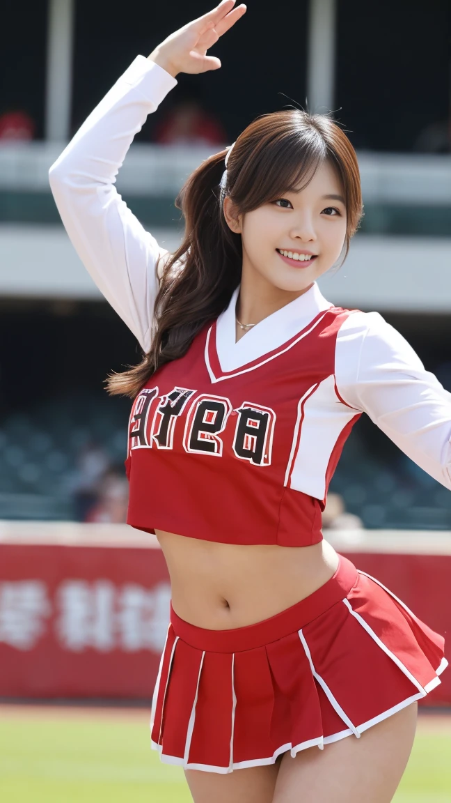 8K raw photos、Beautuful Women:2.0、24 years of age、jpn、Cute Baby Turtle、nedium breasts、((cheer girl:1.5))、A miniskirt、Beautiful eyes finely detailed、eyeslashes、((Brown eyes:1.2))、beautiful double eyelid、eye shadows、Perfect eye makeup、((A smile:1.6))、beautiful and thin legs、(maroon hair)、Medium hair、Fluffy hair、stadio、Daytime、latina、Photorealsitic:1.9、Sexy navel、Skinny legs、tthin eyebrows、tear bag、lofty nose、((Highly sexy))