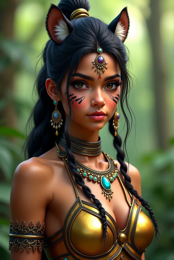 She is an Indian from the Amazon and her name is Muy and she is 20 years old., ((corpo inteiro: 1.2)), ((Very detailed skin: 1.2)), (Extremely beautiful and symmetrical face: 1.2), (pele ultra detalhada: 1.2), alto, master part, perfect lighting, florescer, Cinematic lighting, Luz crepuscular ligeiramente alta, adulto, pele perfeita, female, Olhando para o Viewer, retrato, parte superior do corpo, ultra detailed background of the amazon rainforest, ((.cgi: 1.2)), ((Motor Unreal 5: 1.2)), (RSEEmma:1.5), (seminu: 1.2), (dressed with ornaments of indigenous tribes: 1,2), seios, Mamilos, franja separada, cabelo detalhado , Sardas, sorrir, (ultra-high resolution, photoRealistic, Realistic, best quality, photoRealistic), (8k, Foto RAW, best quality, master part), (photon maping, radiosidade, rendering physically based, automatic white balance), technological sense, best quality, master part, illustration, CG, unidade, papel de parede, Arte Oficial, Amazing, detalhes finos, extremamente delicado e bonito, extremamente detalhado, altamente detalhado, foco nítido, fundo rico, Fundo desfocado , (pessoa real, fotografia), (((altamente detalhado skin, visible pores))),