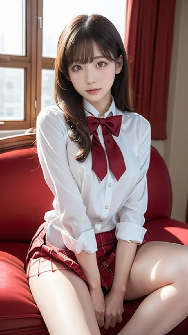 Arabian style Asian woman wearing a white shirt and red bow tie sitting on a sofa, Cute school girl, hyperRealistic , a hyperRealistic , High school girl posing, Thigh close-up, Realistic , wearing Japanese , Japanese girl , Japanese , Legs close-up, lower angle, Crossing your legs