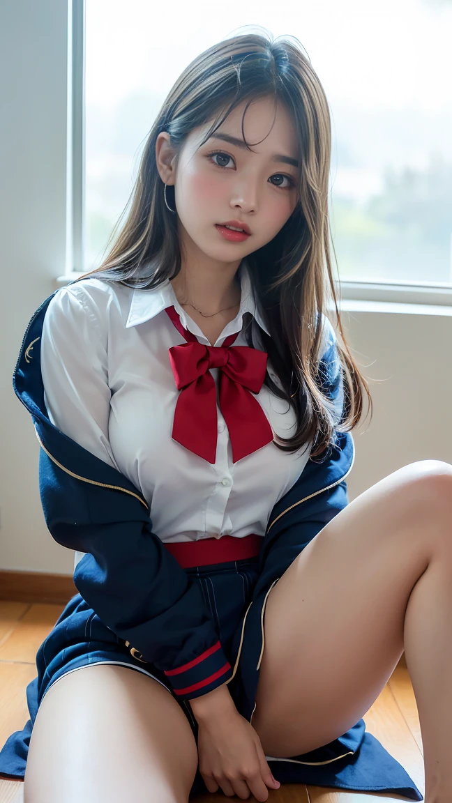 ulzzang-6500-v1.1, (raw photo:1.2), (photorealistic:1.4), beautiful detailed girl, very detailed eyes and face, beautiful detailed eyes, ridiculous, incredibly ridiculous, huge file size, super detailed, high resolution, very detailed, best quality, masterpiece, kemomimi, ((Japanese girls' high school uniform)), illustration, very detailed, CG, unified, 8k wallpaper, amazing, Fine details, masterpiece, best quality, very detailed CG uniform 8k wallpaper, light on face, cinematic lighting, 1girl, 16 years old, ((no panties)), ((dynamic pose))), (camel toe), (half), (pantyhose), (knee-bending leg sitting))