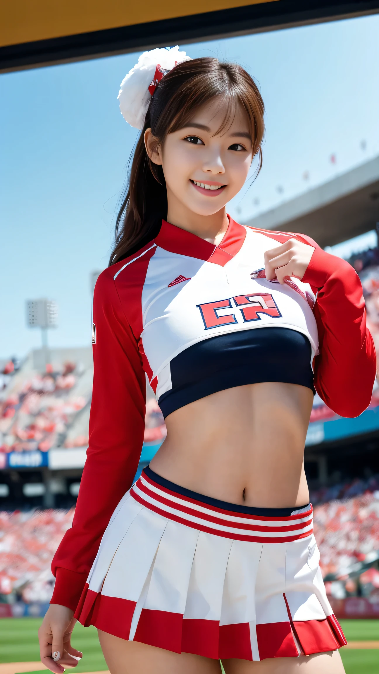 A tall, long-legged, huge-breasted cheerleader cosplay beauty standing in the stadium, seen from below
