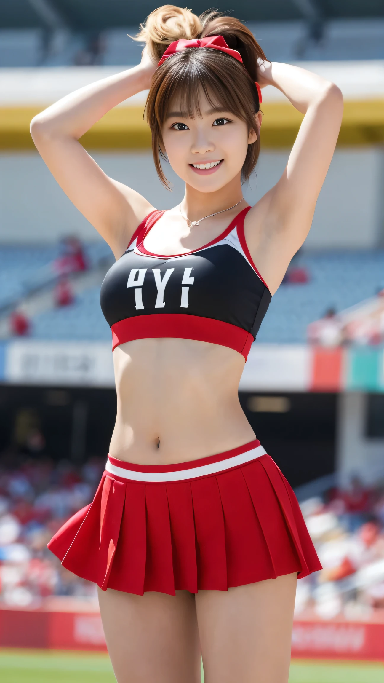 Panties visible through the skirt, (Japan Cheerleaders:1.3), gros-plan, Photo, Big breasts, (ar old)oung face, Pretty Face, Raw photo, Best Quality, High resolution, (masutepiece), (Photorealistic:1.37), Professional Photography, Sharp Focus, nffsw, 8K resolution, Intricate details, depth of fields, Highly detailed CG Unity 8k wallpaper, Front light, NSFW, femele, girl, beautiful supermodel, Smile, slender, (Vibrant poses:1.3), Back view, thighs thighs thighs thighs, (poneyTail, scrunchie:1.3), Long, Taken from the ground