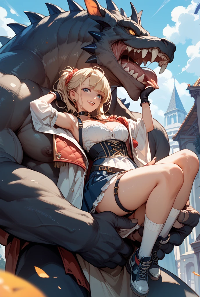 masterpiece, best quality,anime style, 1 girl,(((slender body))), (((small breast))),(((hot pants, blue tanktop,red tie))),(((((a gorilla man grabbing the girl))))), ((((restrained, arms behind back)))),((((cum)))), (beautiful face), (((short hair))), (((straight hair))), ((((blonde hair)))),detailed beautiful skin, (perfect hands, perfect anatomy)
