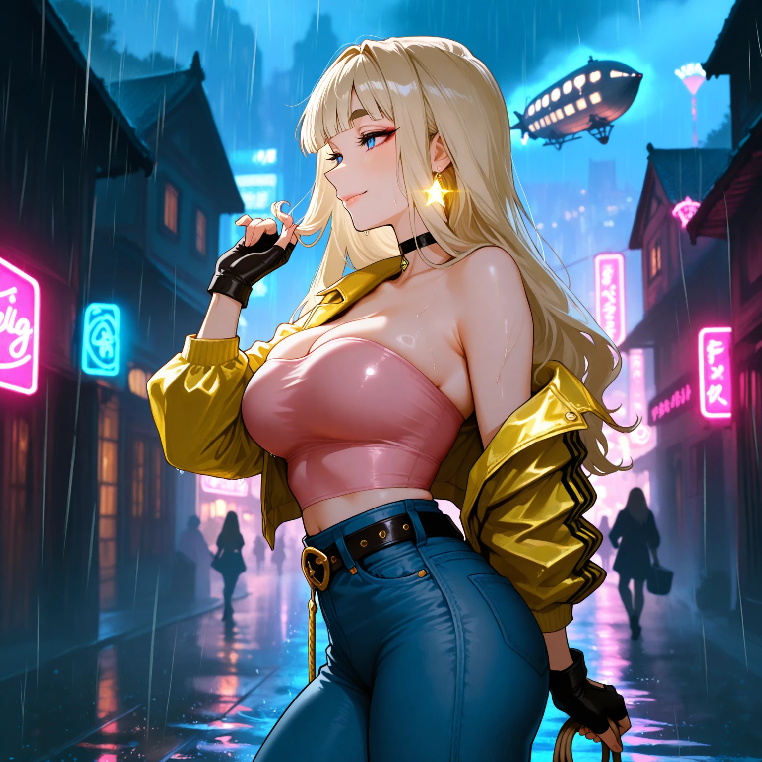 1girl,  (((bimbo))),hoop earrings, puffy lips, painted lips, thick lips. 
blonde hair, short twintails, wide hips, thick thighs, bursting breasts Nightlife, Night city, Cyberpunk city, futuristic cityscape. Neon lights, (skyscraper:1.1), Tokyo tower, palm tree, cloth sign, ramen stall, night club. bright city lights, exotic car. alcohol, bar, ramen, soup stall ,alcohol bottles,