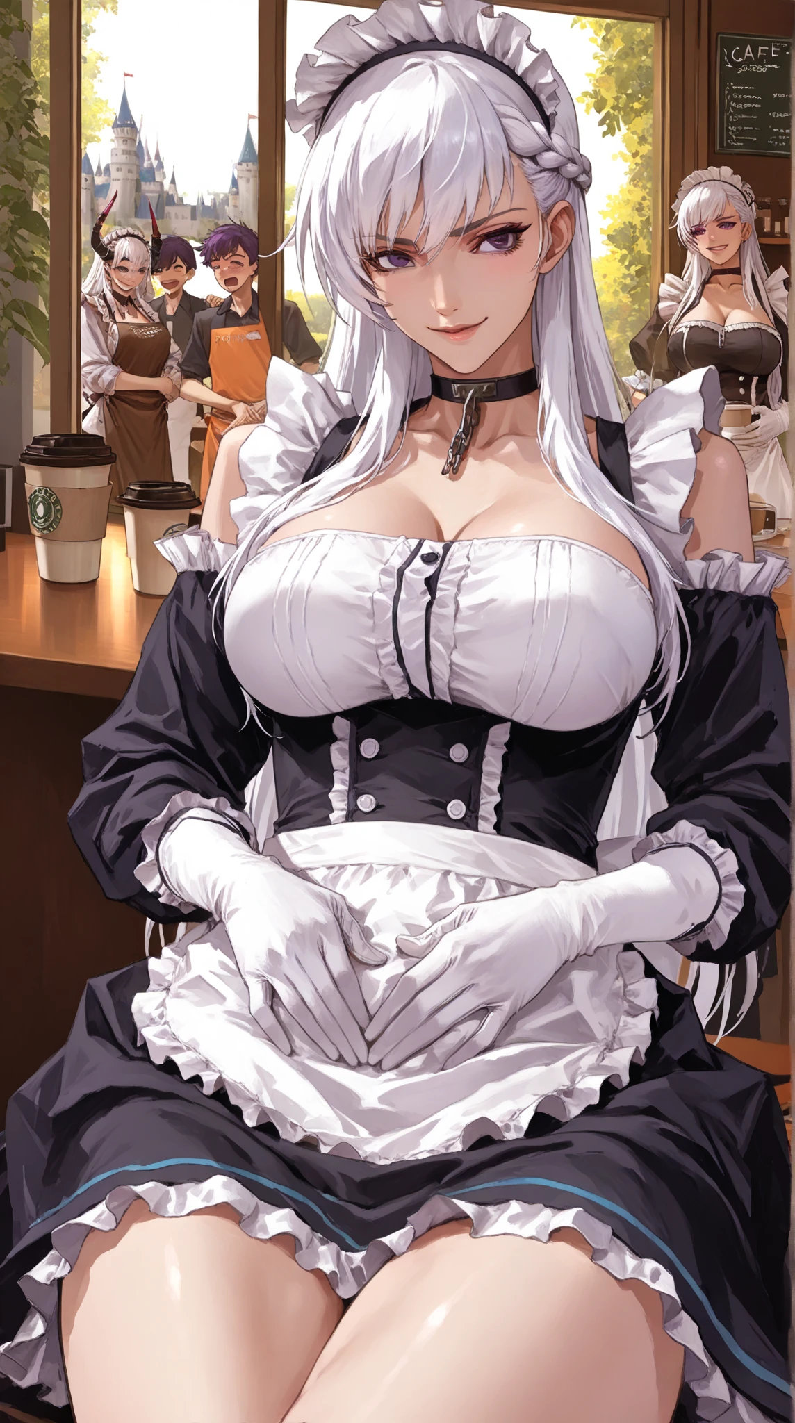 red eyes, (highest quality, masterpiece絵画:1.3), mature woman, 26 years old, (half body shot), masterpiece, ultra high resolution, (Photoreal:1.0), silver hair、straight hair, beautiful shiny hair, white and shining skin, ((Ultra realistic details)), octane rendering, highly detailed face, (big breasts:0.8), ((maid)), (黒maid服),((black mini skirt)), ((A pose that shows off your pussy)), (lift up the skirt:1.0), ((very tight pussy)),((pretty pussy:1.2)), ((pussy juice)),(not wearing pants:1.0),(spread your legs), cleavage, perfect body, soft skin, anime face, perfect face, perfect eyes, looking at the viewer, smart, coffee shop,sharp focus, intricate details, professional artwork, (bright colors:1.1), bright colors, diffused lighting, digital blending, ultra-definition body, ultra detail hair, super detailed face, that'It's trending on pixiv, top button open, shy girl, Cute gaze, compensate, perfect lips, perfect compensate, Ultra-precision coating, (light_smile:0.8), Very embarrassed, blush your nose,