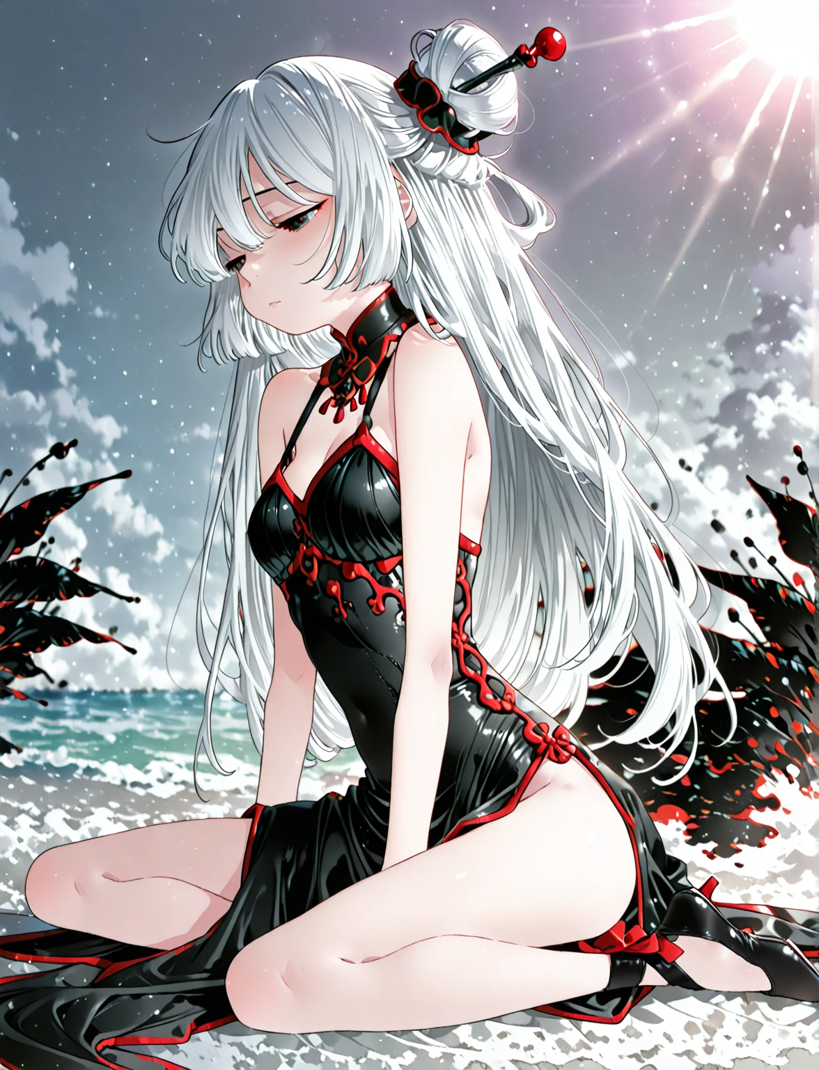 Black and white and blue and red,(highest quality, Super detailed, High resolution, Highly detailed CG),Wide Shot,Dead angels standing on the edge of a cliff,She is very beautiful,She loves blood and the sea,Rain of blood, Mysterious,Enthusiastic, complicated, Surreal,delicate Holding a sword Gray Hair