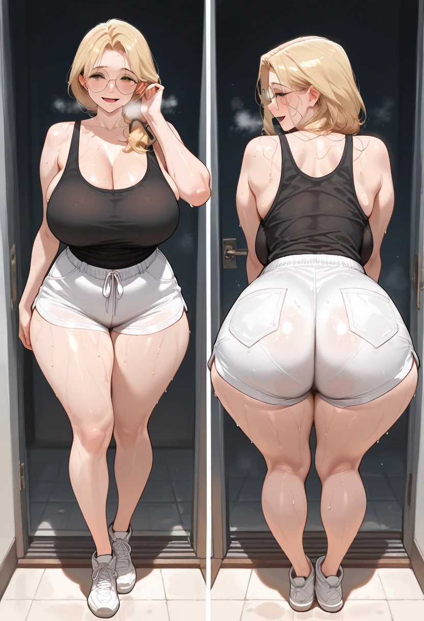 ((Best quality)), ((Masterpiece)), ((detailed)), 40-year-old mature woman, huge amazing plump ass, huge breasts, big hips, full body shot, mature mother, whip lower body, plump thighs, plump calves, bewitching mature woman, perfect body, plus size model, woman in a white bra top and panties, white microbikini, she has a jiggly fat round belly, fat belly, blonde hair, pale skin, house entrance