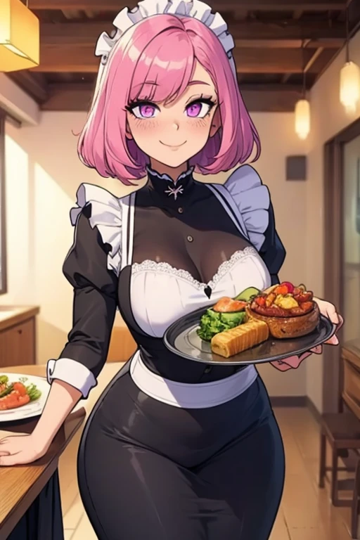 Cup under the crotch、Ultra-detailed illustrations、Ultra-precise expression、masterpiece、Highest quality、ultra High resolution、High resolution、Hiromitsu Takeda Style、White background、Simple Background、Mash Kyrielight、light purple hair,short hair,hair over one eyes、Naked Pink Apron、heart apron、Vulgar expression、smile、Open your mouth、Choker of Hearts、White Breath、Sweat、Glowing Skin、shiny skin、Put the plate、steak、