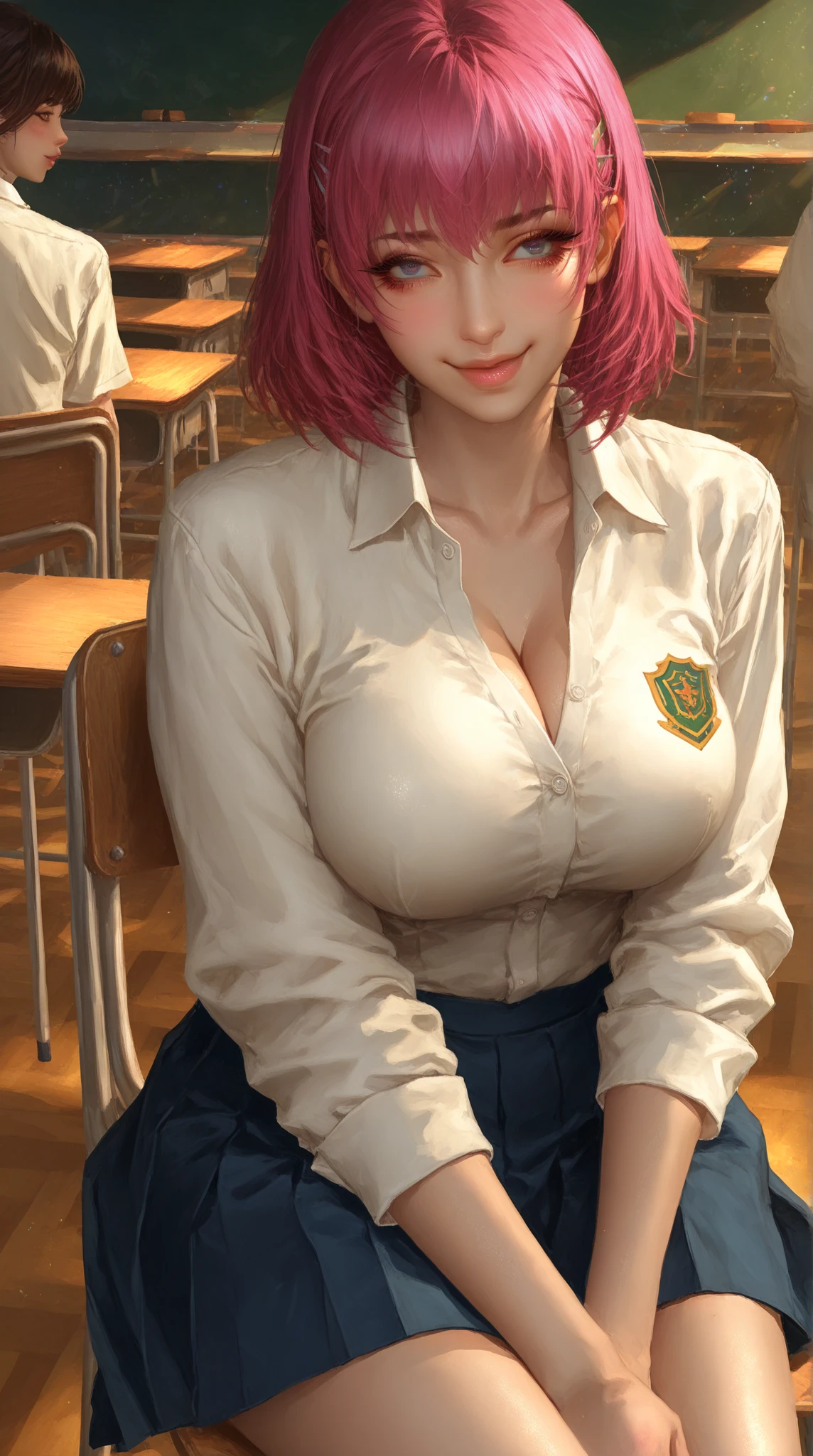 mature girl, green hair, square hairstyle, lush lips, dirty cosmetics, teacher's uniform, without shoes, sitting on the desk, large firm breasts, wide open chest, Sweaty skin, hips, 4K