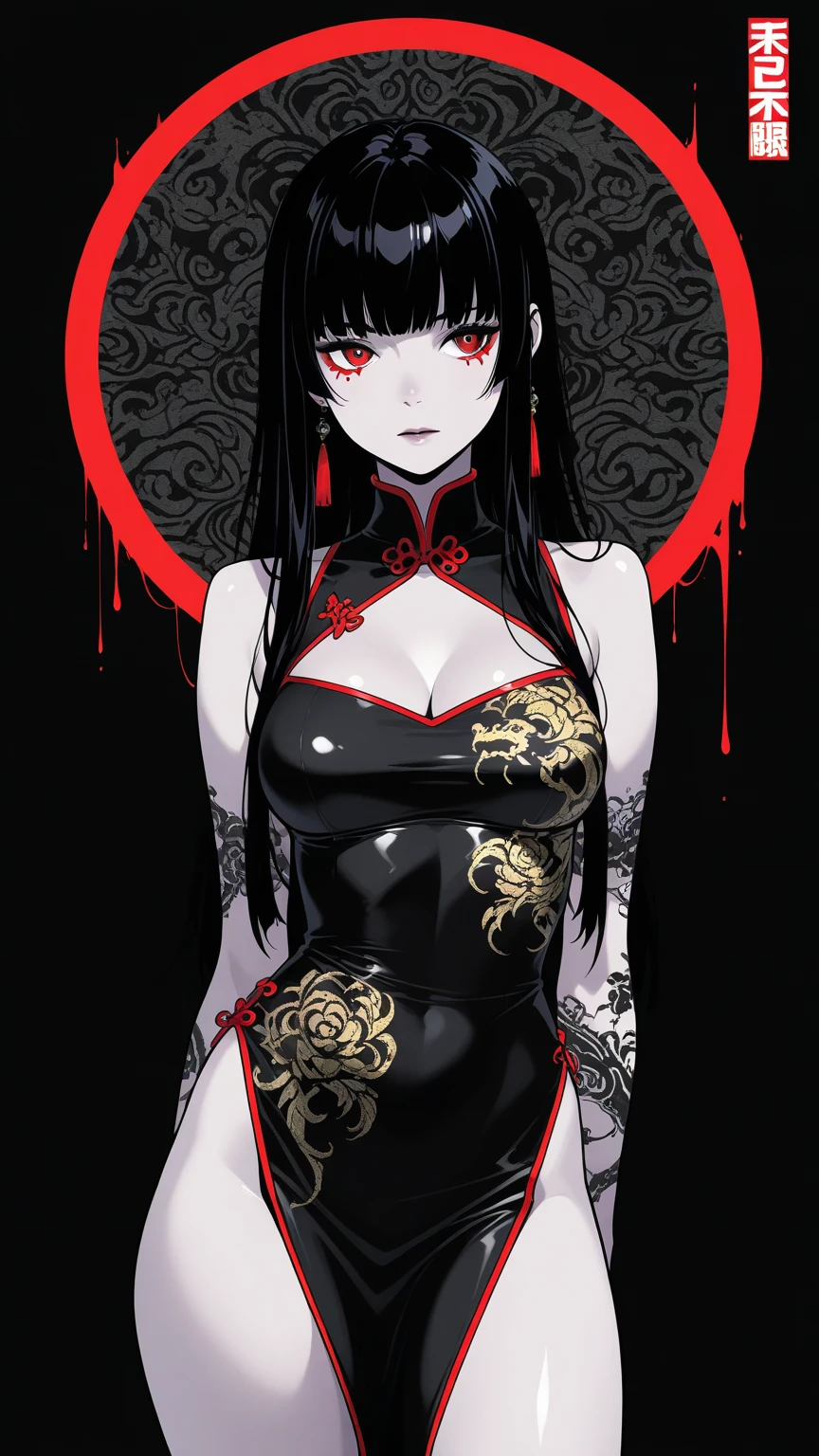 Long black hair,Red eyes,Ink wind