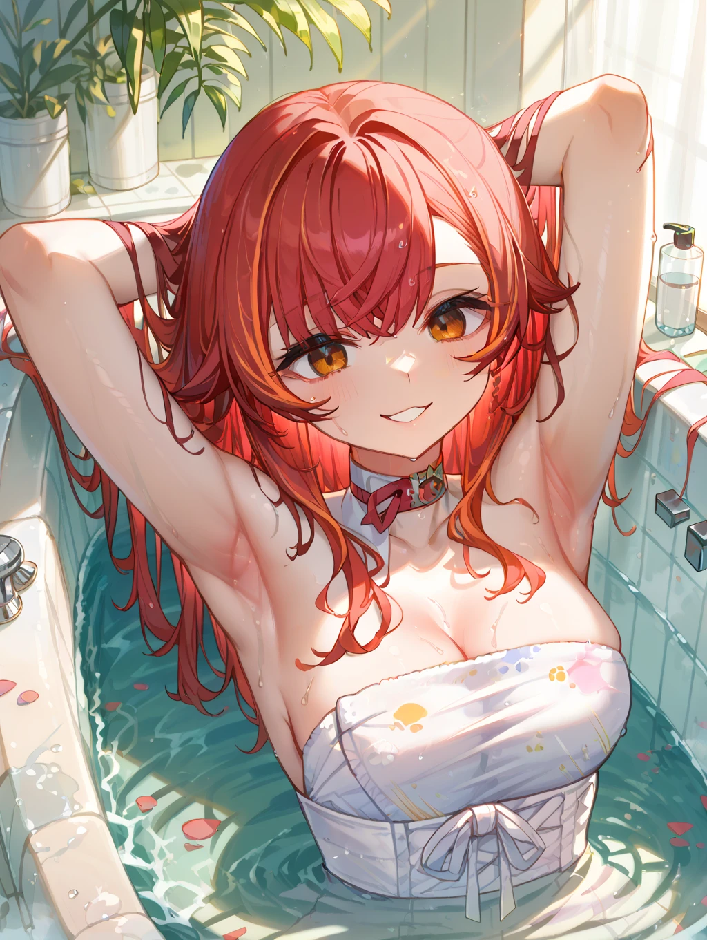 1Girl,Beautiful Face,Beautiful Red Hair,Red eyes,Swimwear,clear slimy lotion,soaking wet in the bathroom