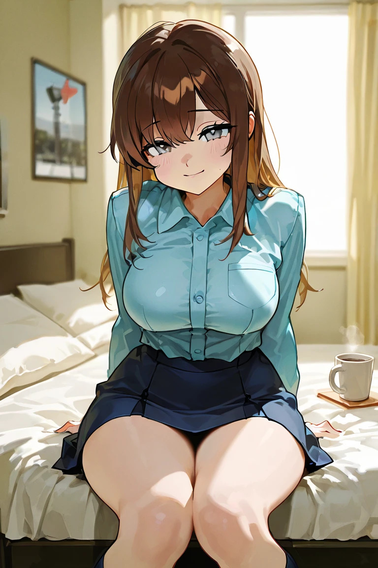 a beautiful young woman with long reddish-brown hair, big blue eyes with long eyelashes, a detailed and blushing face, and a smooth, vibrant, and anime-style texture. she has a perfect, busty figure and a confident, alluring pose, with her legs spread slightly and her white panties visible. the scene is set in a hotel room at night, with soft lighting and a romantic, sultry atmosphere. the overall image has a high-quality, masterpiece-level of detail and resolution.