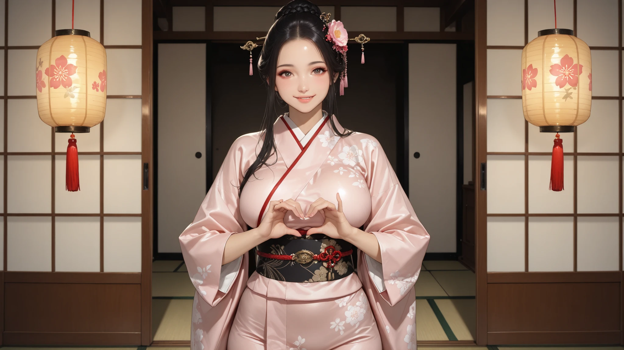 (Masterpiece, BEST QUALITY, super detailed:1.2), 1 Beautiful young woman, (Big Body:1.1), Big breasts, round and firm hips , slim waist, flat stomach, Perfect curve , with delicate kimonos,with intricate floral patterns and a wide waistband, It stands gracefully in a traditional building from the Edo period,The building has a sliding shoji door, Tatami, Elegant paper lanterns, (charming and playful expressions:1.3), Smiling gently,looking directly at the viewer, (Charming eyes:1.1), Delicate gestures , with traditional braids,rolled up in a traditional style,with long, soft, flowing black hair, ambient light , Soft blurred background, realistic skin texture, detailed clothing folds, high resolution, 8,000