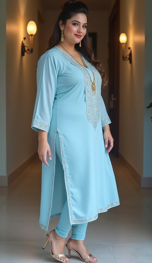 Beautiful Indian women, curvy, chubby women, ((waring blue color silk kurta))), ((silk kurta and pant)), beautiful face, makeup, mesmerizing eyes, luscious lips, wavy hair, outside the house, in the garden, happy, front pose, beautiful sexy body, ((good proportion)), seducing, realistic background, pose, chubby women, sharp front focus, close up,