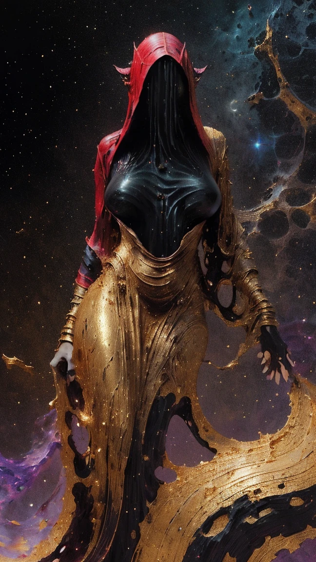 (body formed by galactic liquid crimson and black metallic paint twisting into a beautiful interpretation of the female figure), au naturel,((complex galactic metallic colours in the foreground)), (( fluid mechanics, the loveliest smooth scale face makeup, smirky expression)) - red, black and gold, onyxia, metallic color palette g0s1