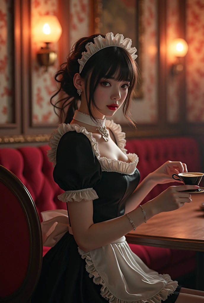 Alice in Wonderland, Lisa from BLACKPINK as Alice, dark fantasy, Final Fantasy, Tokyo Ghoul, large breasts, one girl, tattoos and piercings, goth girl Lolita, focus on chest, perfect view, tea party with the handsome Johnny Depp as the Mad Hatter from Alice in Wonderland, detailed, high definition, high resolution, sfw, exposed breasts, busty, six pack abs, fit, toned body, slim waist Alice, huge feast on table, outdoor tea party, masterpiece