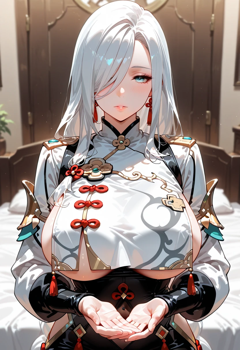 masterpiece, best quality, 1girl, solo, shenhe, long hair, white hair, white eyes, large breasts, braided ponytail, hair ornament, Bangs covering right eye, sweat, White Shirt, Shirt Tucked in Pants, Black Pants, Black Tie, Office background, Sitting, Daylight, Computer