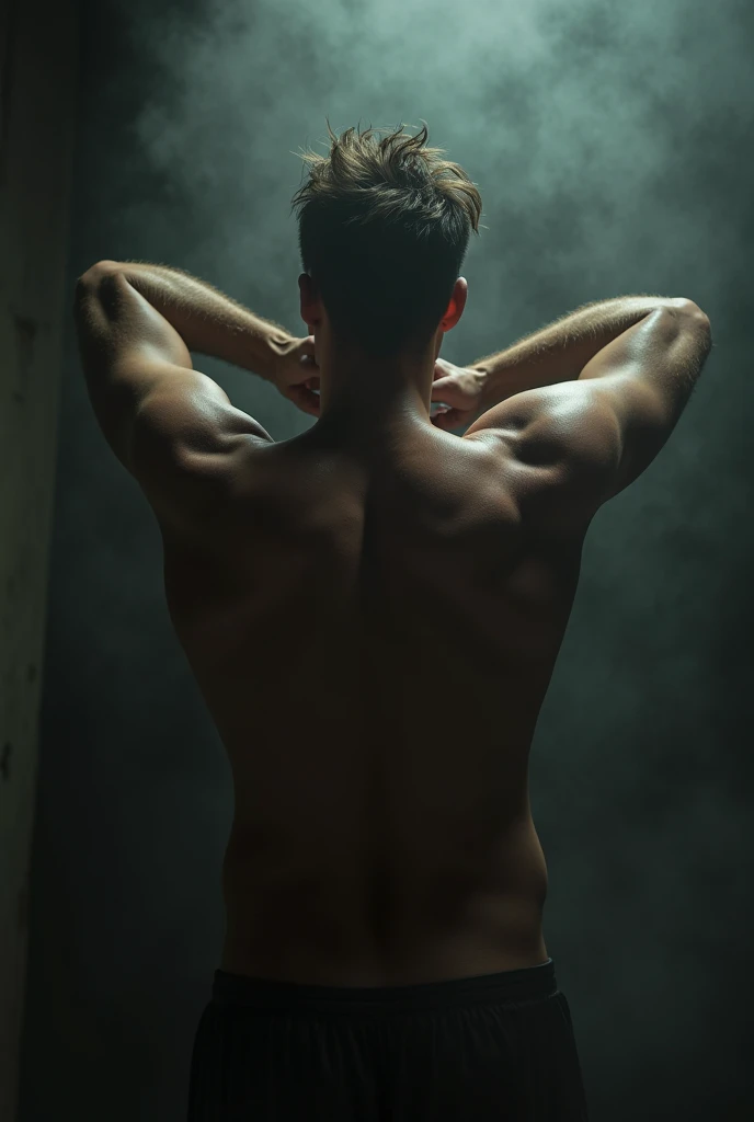 A handsome 25 year old with fair skin, with black hair, curly and short, greeneyes, is in a cave, with your back against the wall, arms up, looking with a seductive look and with a defined belly