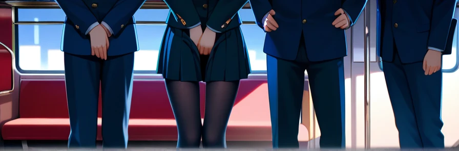highest quality、One Girl And One Middle Aged Man，full body figure、10 years old、Perfect five-finger、perfect legs、perfect legs、Tachibana Arisu、perfect thing、detailed description、small details、detailed face、mini skirt、brown_hair, long_hair, brown_eyes, bow, hair_bow, upper_body, blue_bow, closed_mouth, bangs、White panties、whitepanty、I can see your panties、school uniform、high school uniform、on the train、On the train、back view、man touches girl&#39;s butt、A guy grabs a girl's ass